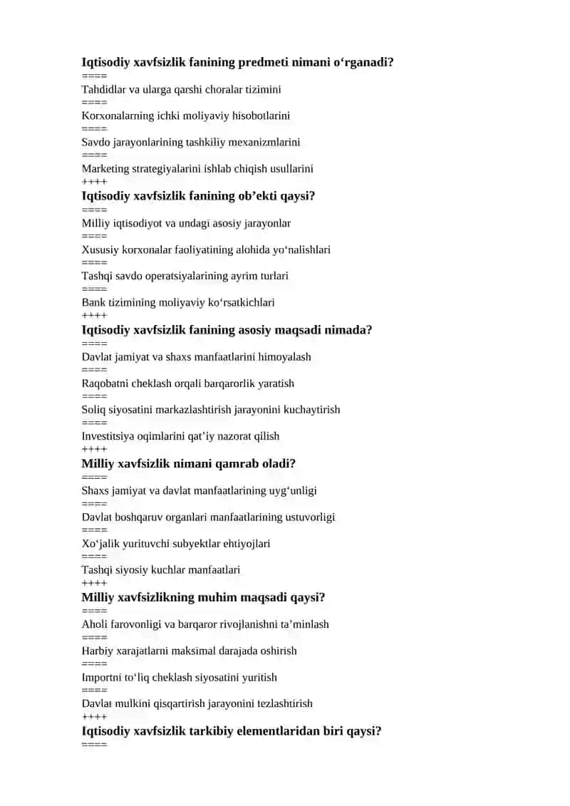 Iqtisodiy xavfsizlik fanidan yakuniy nazorat uchun test savollari 2