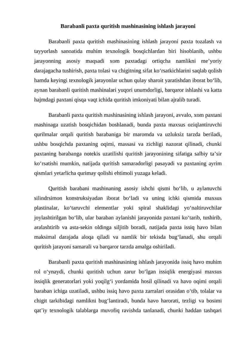 Barobanli paxta quritishmashinasi haroratini avtomatik boshqarish 2