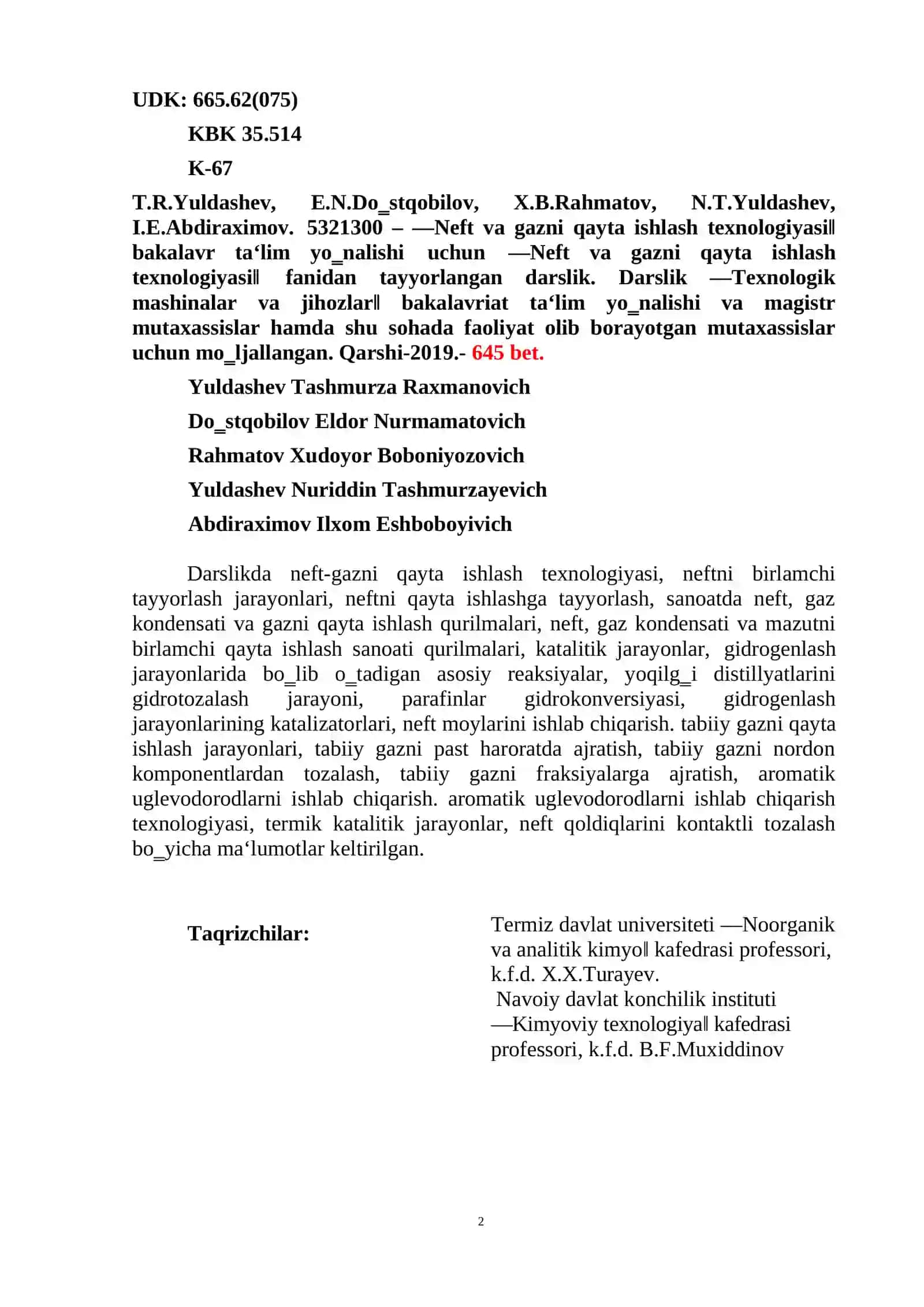 Neft va gazni qayta ishlash texnologiyasi 2