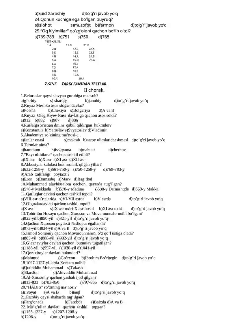 7-SINF. TARIX FANIDAN TESTLAR 2