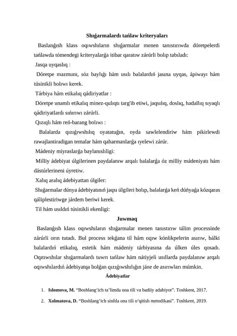 Baslanǵısh klass oqiwshiların kórkem óner dóretpeleri menen tanistiriw 2