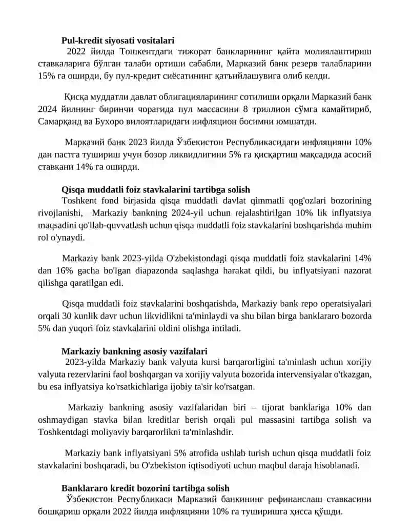 Foiz stavkalarini tartibga solishda Markaziy bank fuksiyalari 2