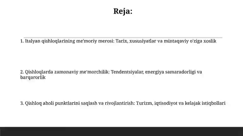 Italya qishloq aholi punktlarida milliy meʼmoriy meros va zamonaviy tendentsiyalar 2