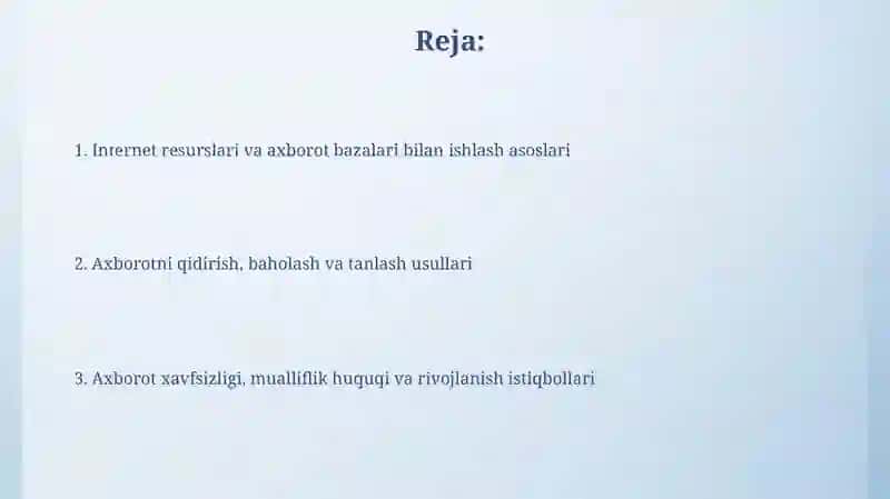 Internet manbalari bilan ishlash. Milliy va xalqaro axborot bazalari 2