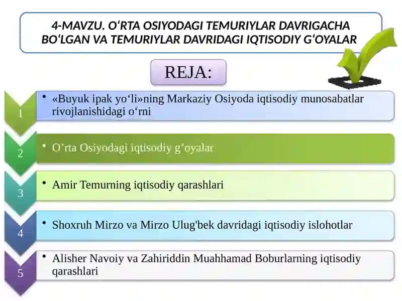 O’RTA OSIYODA TEMURIYLAR DAVRIGACHA VA AMIR TEMUR VA TEMURIYLAR DAVRIDAGIIQTISODIY G‘OYALAR VA IQTISODIY SIYOSAT 2