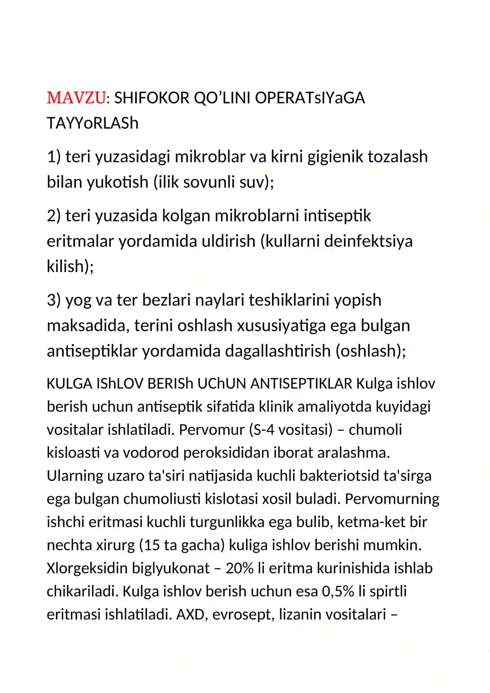SHIFOKOR QO’LINI OPERATsIYaGA TAYYoRLASh 2