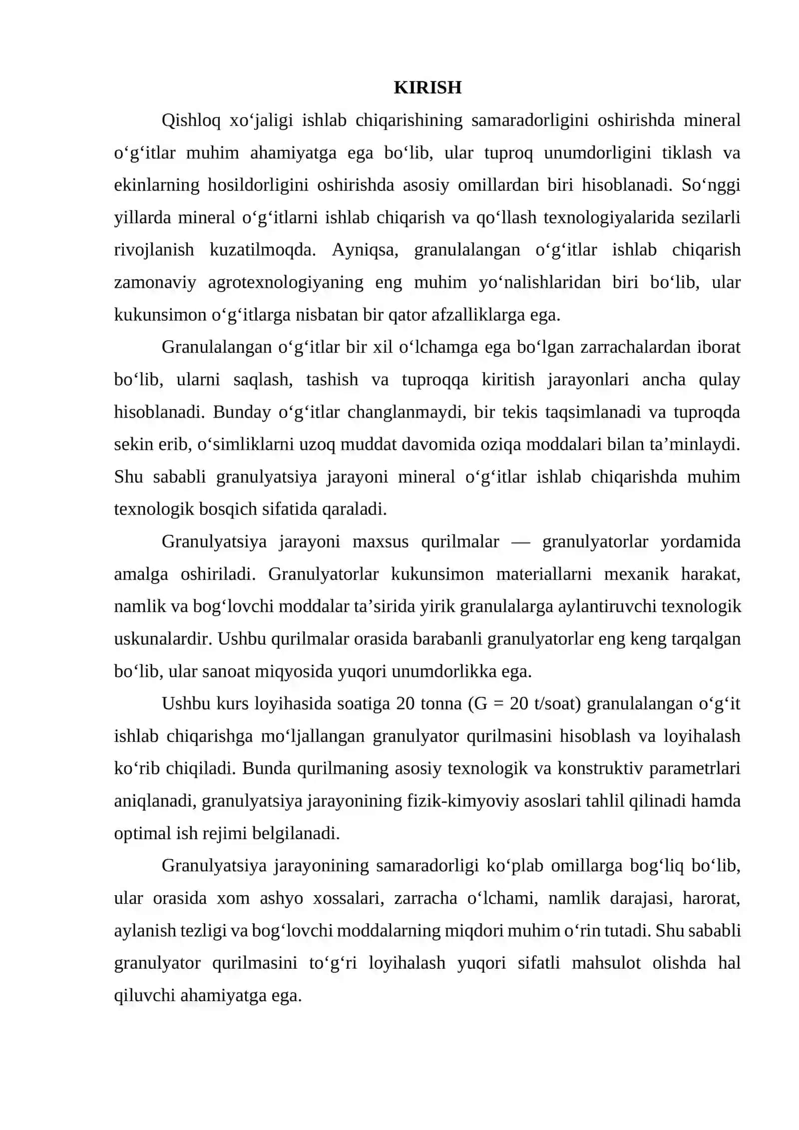 Granulalangan o'g'it ishlab chiqarishda granulyator qurilmasi. G = 20 t/soat 2