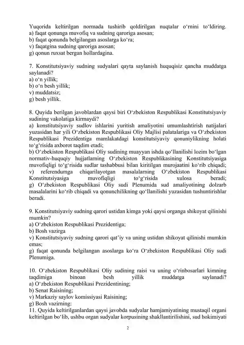 Yangi tahrirdagi O‘zbekiston Respublikasi Konstitutsiyasi fanidan test savollari 2