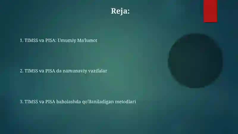 TIMSS va PISA Xalqaro baholash dasturining standardlari (Frame Work) da qayt etilgan topshiriqlar namunalari va ulardan foydalanish metodikasi 2