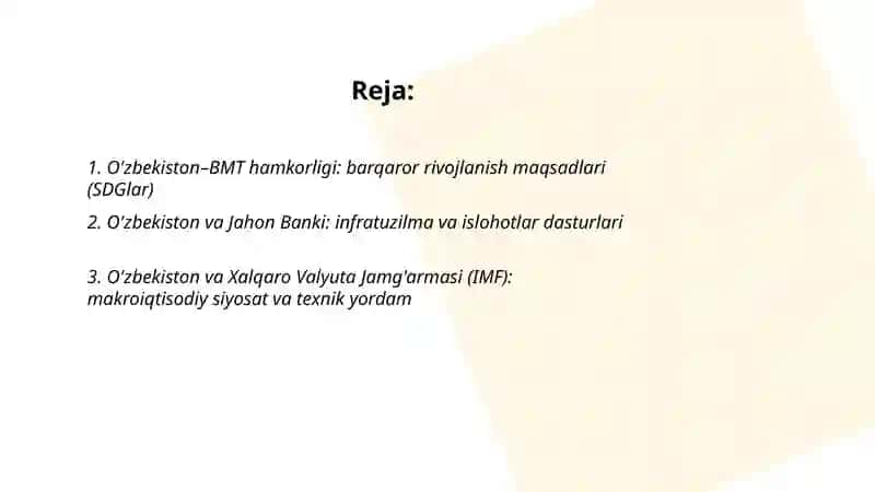 O'zbekistonning xalqaro tashkilotlar bilan hamkorlik aloqalari 2