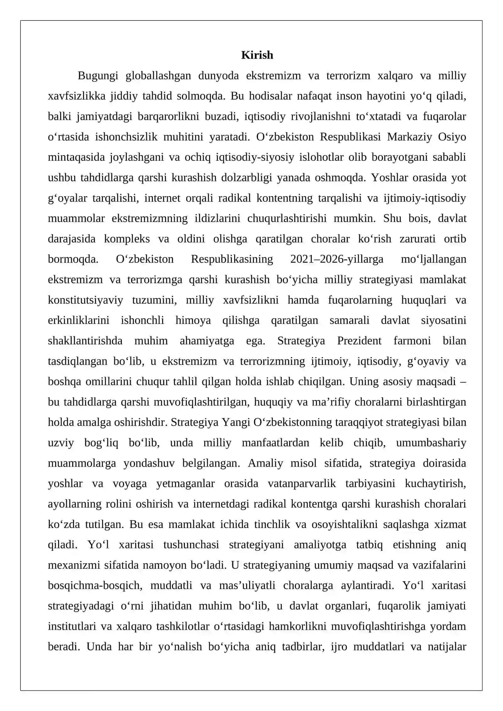 2021 — 2026-yillarga mo‘ljallangan ekstremizm va terrorizmga qarshi kurashish bo‘yicha O‘zbekiston respublikasi milliy strategiyasidagi Yo’l xaritasini mazmuni 2