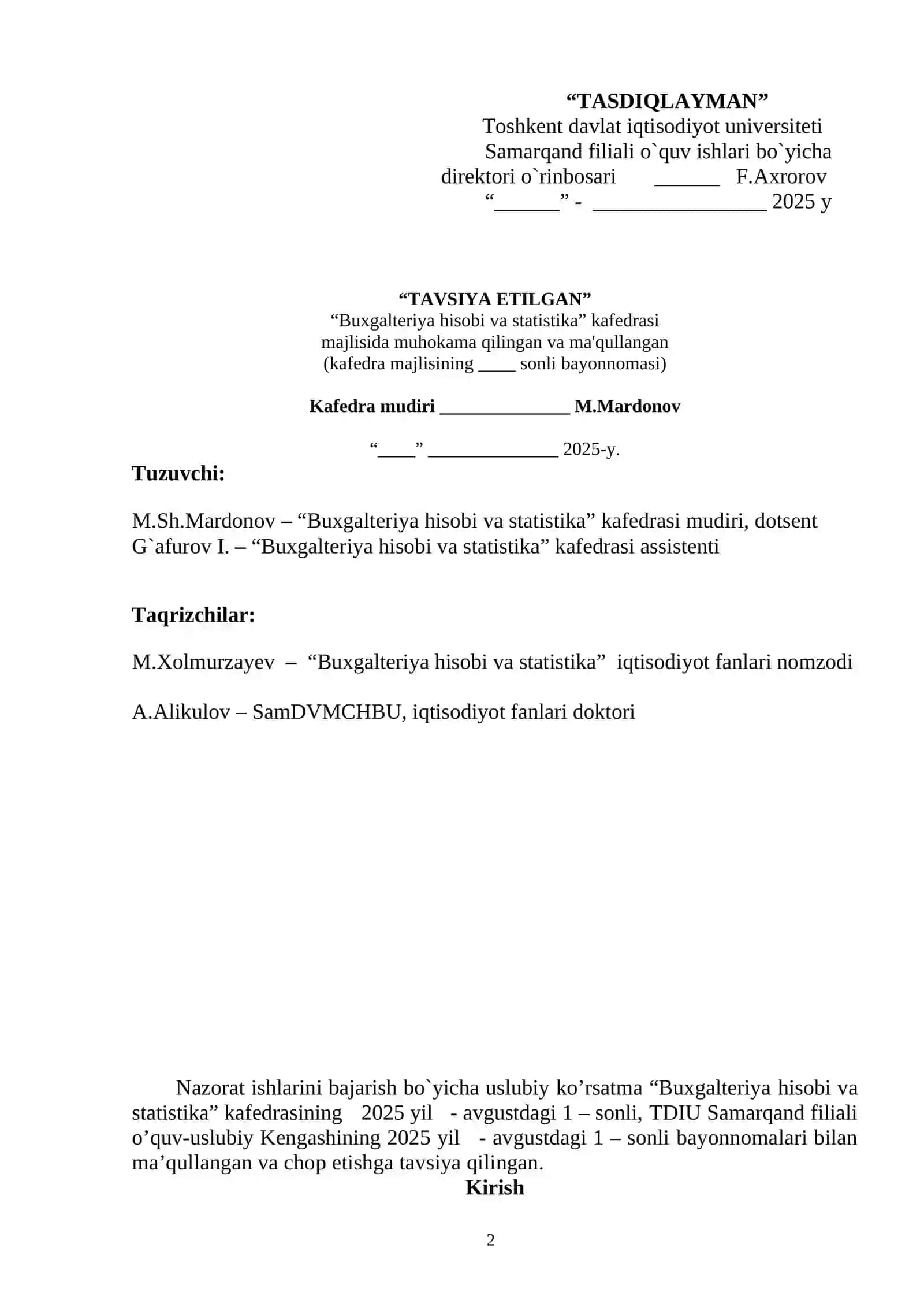 IQTISODIY TAHLIL FANIDAN NAZORAT ISHLARINI bajarish bo`yicha USLUBIY KO’RSATMA 2