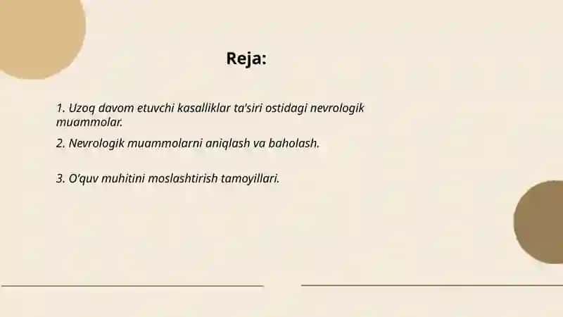 Uzoq davom etuvchi kasalliklardan tuzalgan oʻquvchilarni umumtaʼlim maktablarida oʻqishga moslashishidagi nevrologik muammolarni bartaraf etish tamoyillari 2