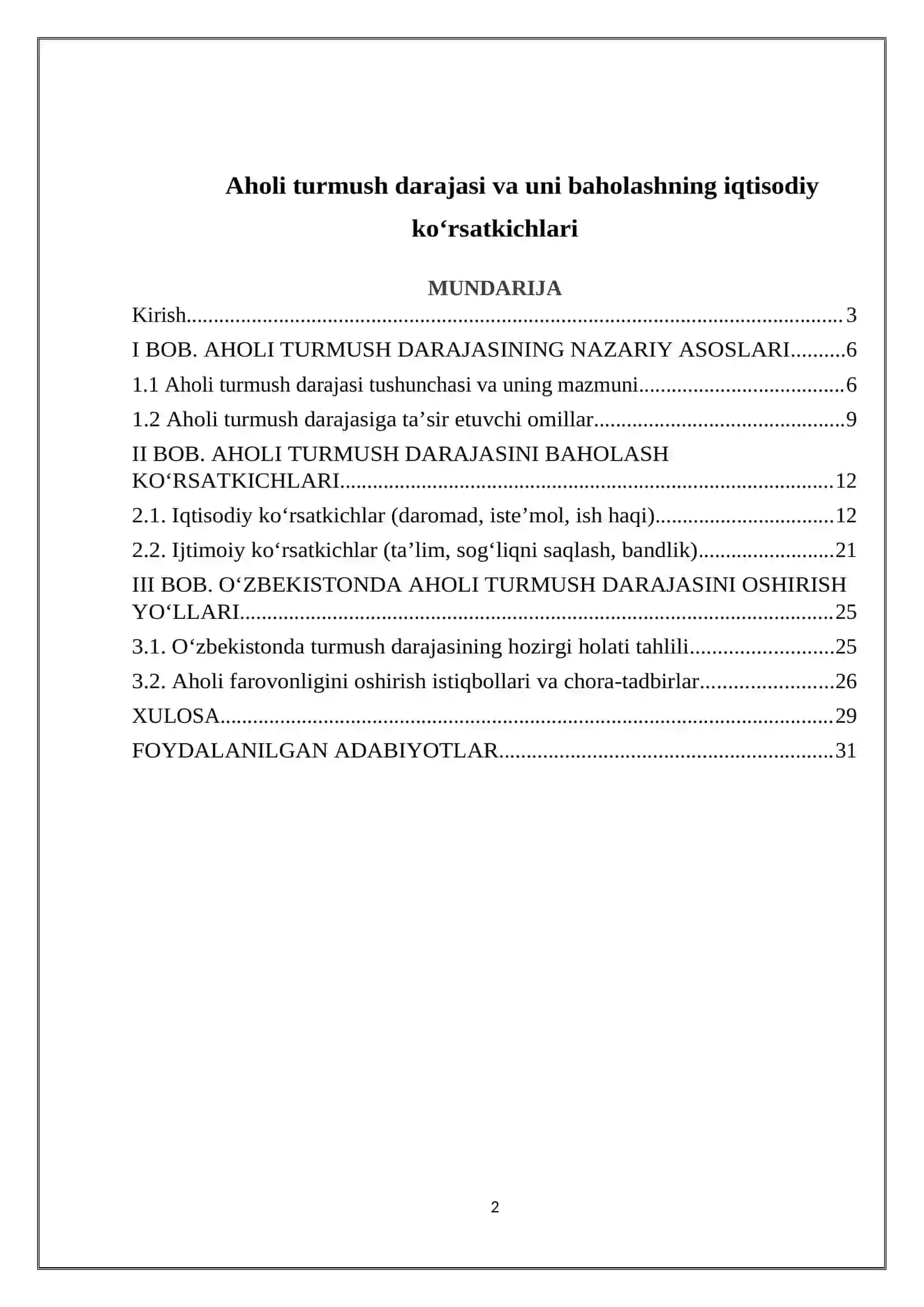 AHOLI TURMUSH DARAAJASI VA UNI BAHOLASHNING IQTISODIY KOʻRSATKICHLARI 2
