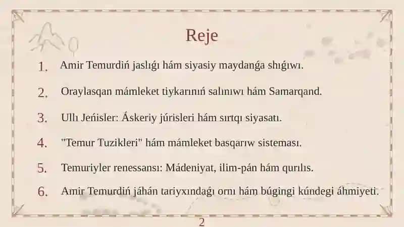 Amir Temur ullı mámleketlik ǵayratker (Qaraqalpaq tilinde) 2