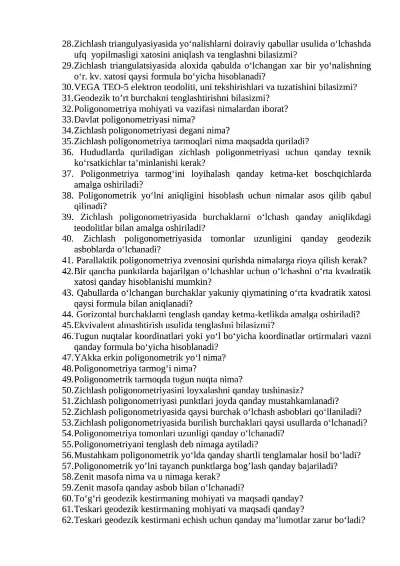 Geodeziya fanidan 4-semestr uchun yakuniy nazorat savollari 2