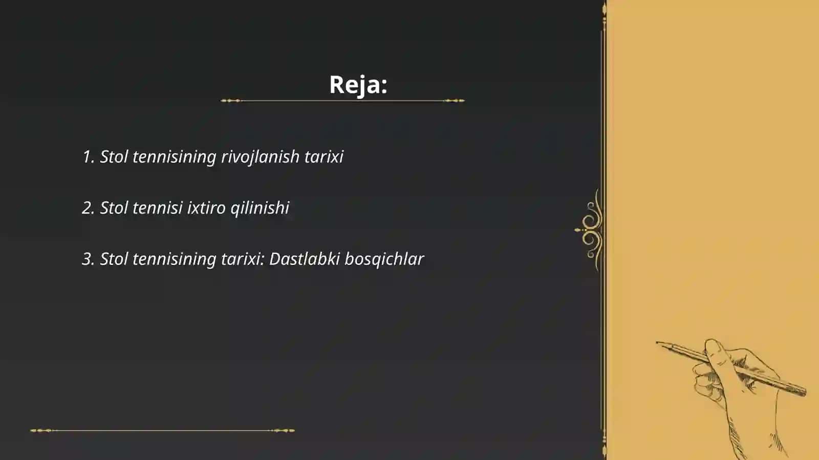 Stol tennisining rivojlanish tarixi,texnikasi,taktikasi va qoidalari 2