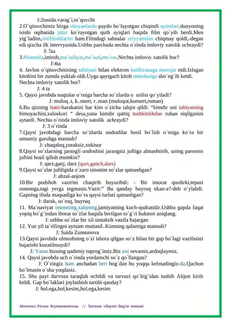 ONA TILI VA ADABIYOT FANIDAN ATTESTATSIYAGA TAYYORGARLIK UCHUN TEST SAVOLLARI 2