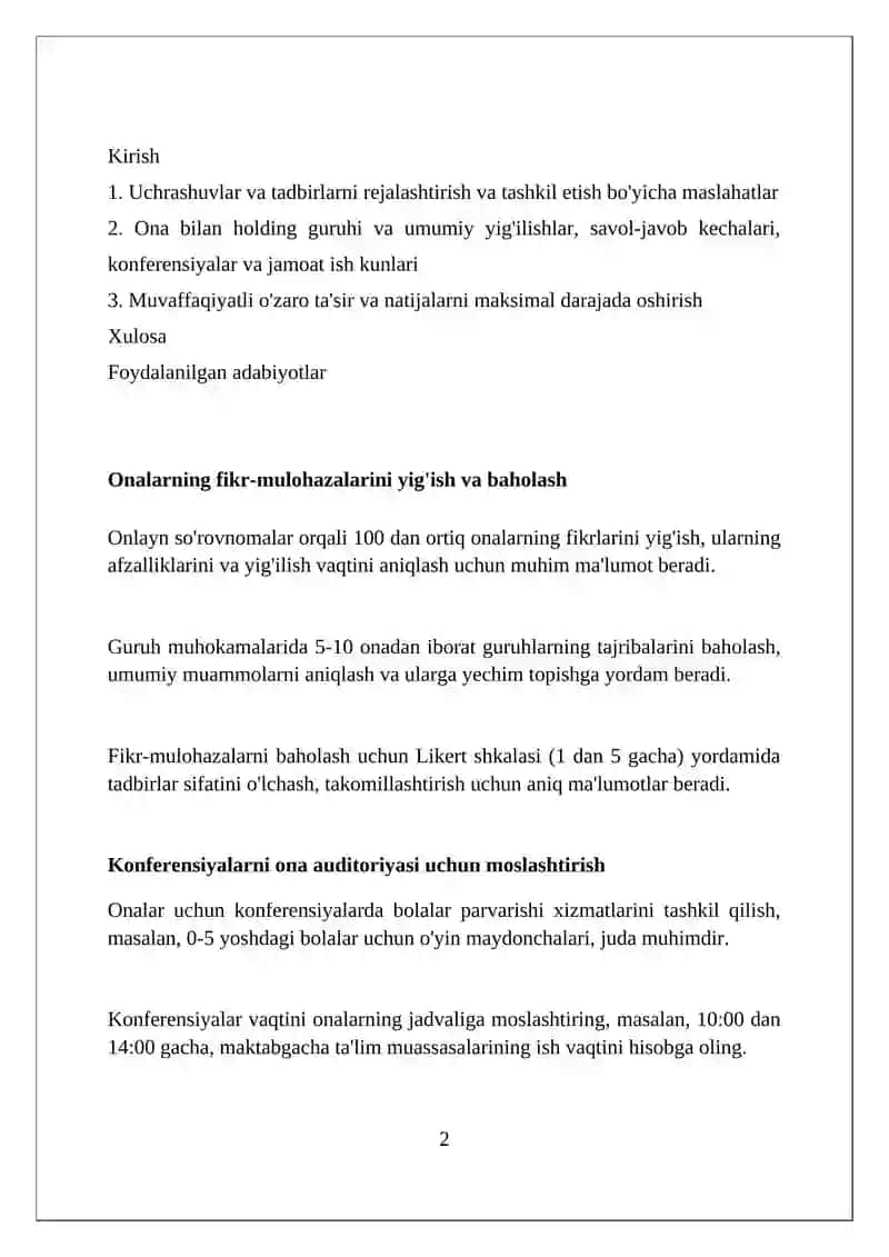 Oʻta onalar bilan guruh va umumiy majlislar savol javob kechalari anjumanlar shanbaliklar otkazish 2