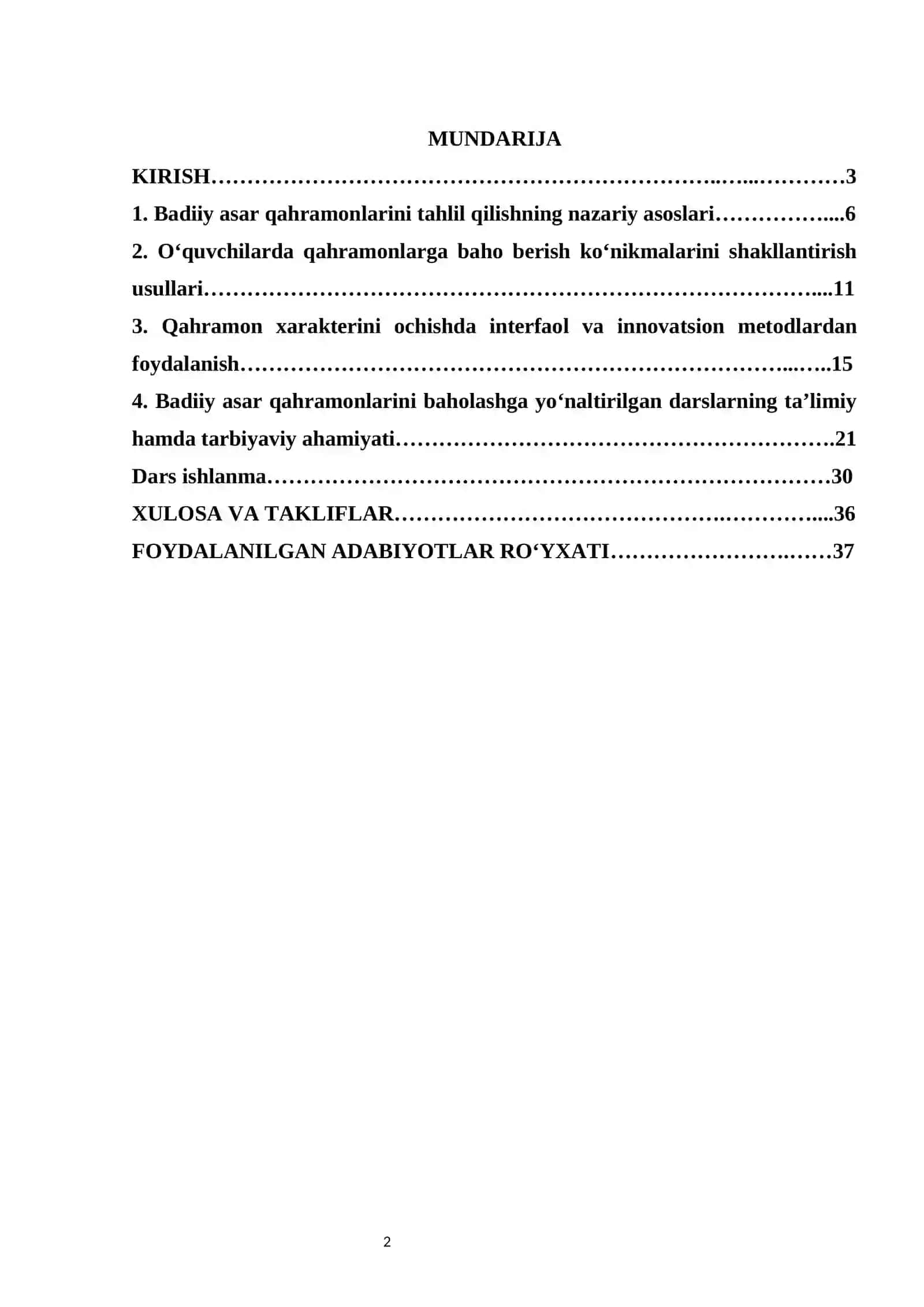 Mavzu: Badiiy asar qahramonlarini baholashga o‘rgatishga yo‘naltirilgan darslar     kurs ishi 2