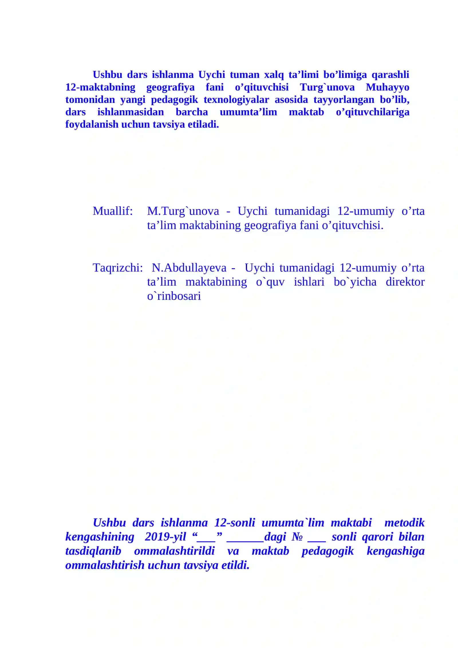 Geografiya fanidan O'zbekiston aholisi mavzuda bir soatlik dars ishlanma 2