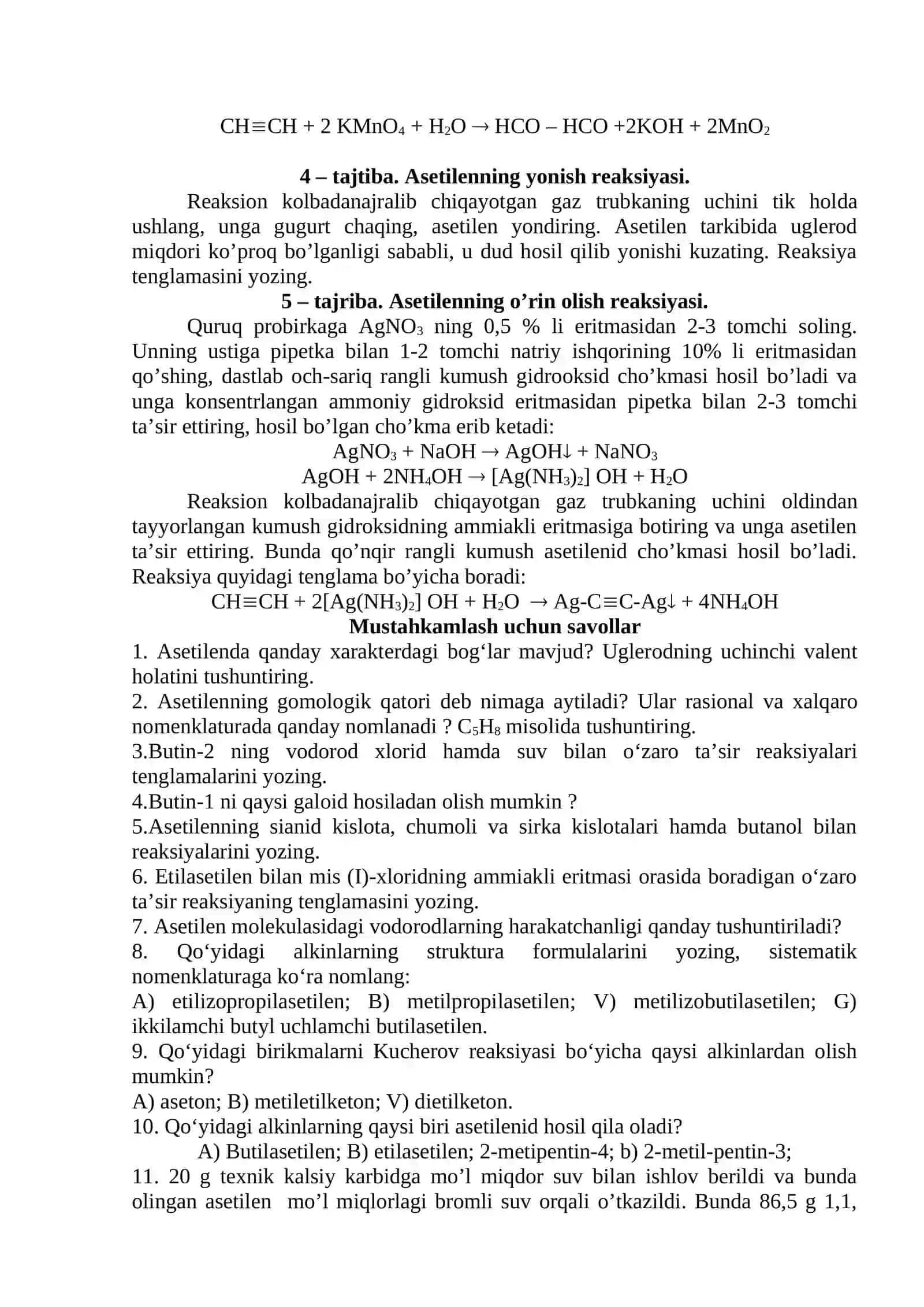 Asetilenning olinishi va xossalari 2