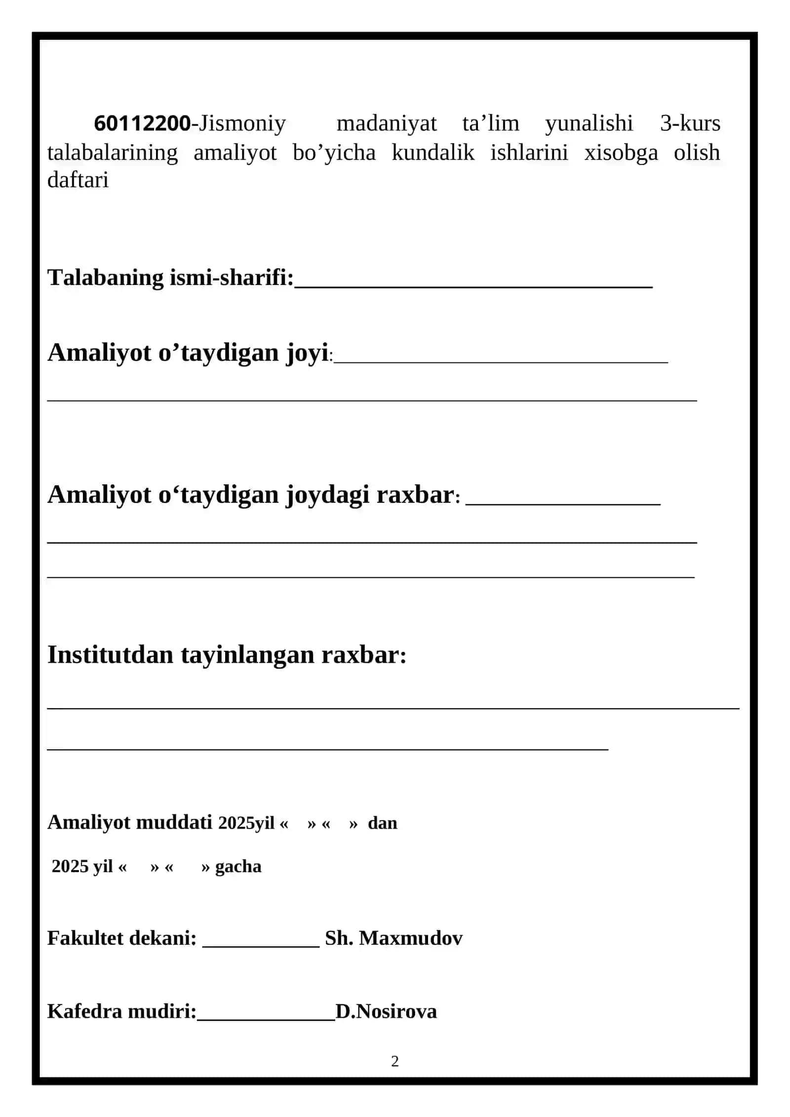 AMALIYOT KUNDALIK DAFTARI JISMONIY MADANIYAT 2