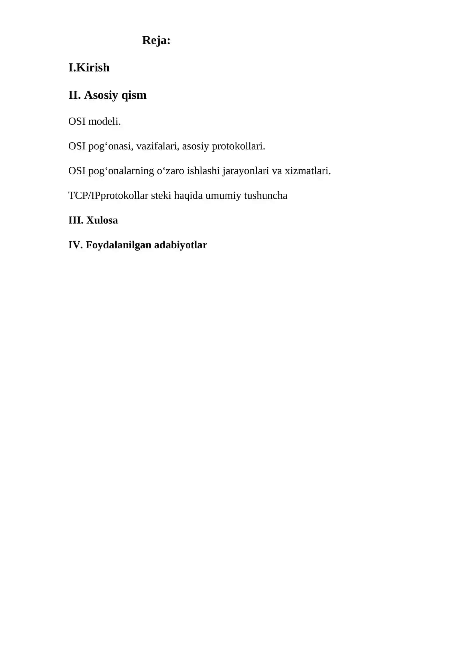 mustaqil ish OSI modeli. Tarmoq modellarining yuzaga kelish tarixi. Tarmoq qurilmalari va protokollarining o‘zaro muvofiqligini ta’minlashda tarmoq modellarining 2