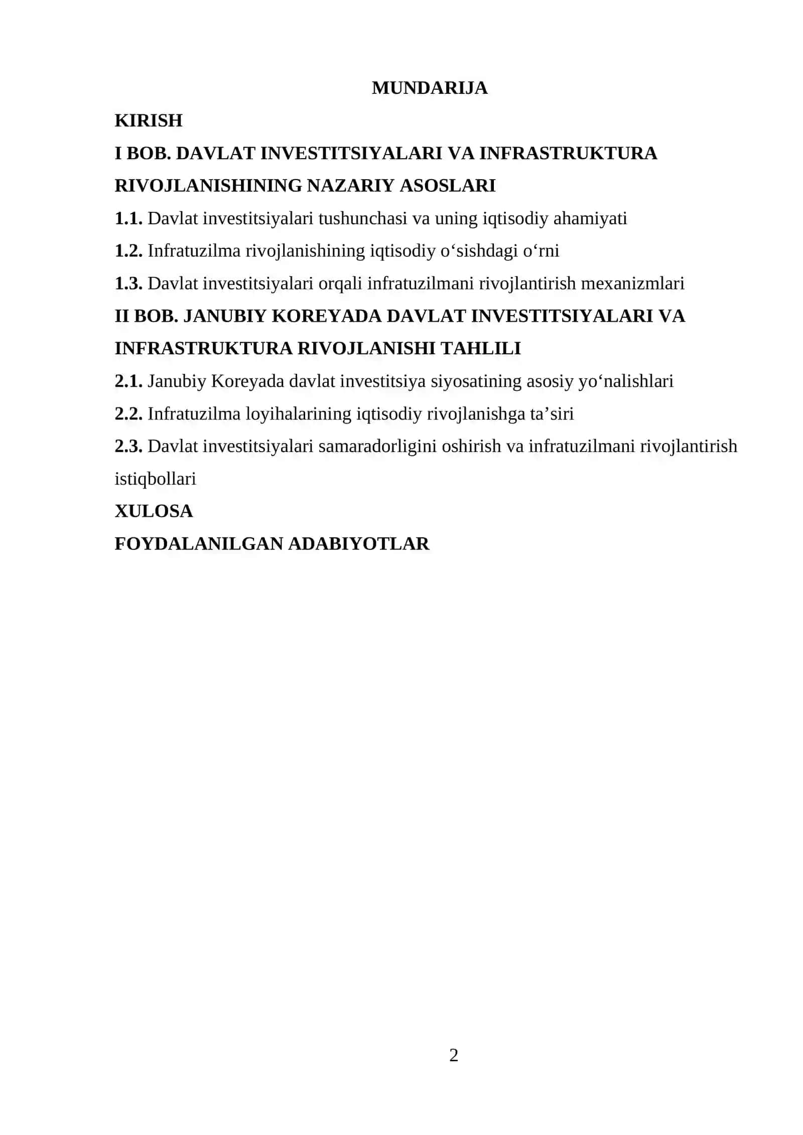 Davlat investitsiyalari va infratuzilma rivojlanishi (Janubiy Korea misolida) mavzusida tayyorKURS ISHI 2