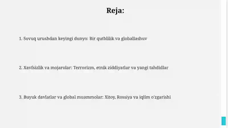Sovuq urushdan keyingi dunyo: AQSh ustunligi va globallashuv 2