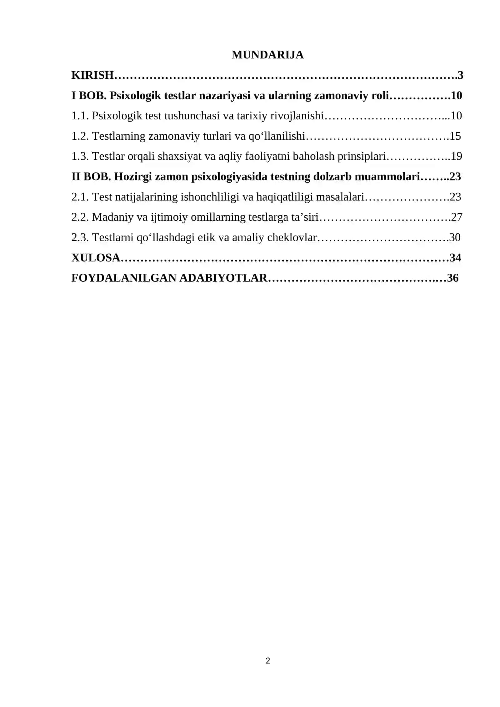 Hozirgi zamon psixologiyasida testning dolzarb muammolari mavzusidai tayyor kurs ishi 2
