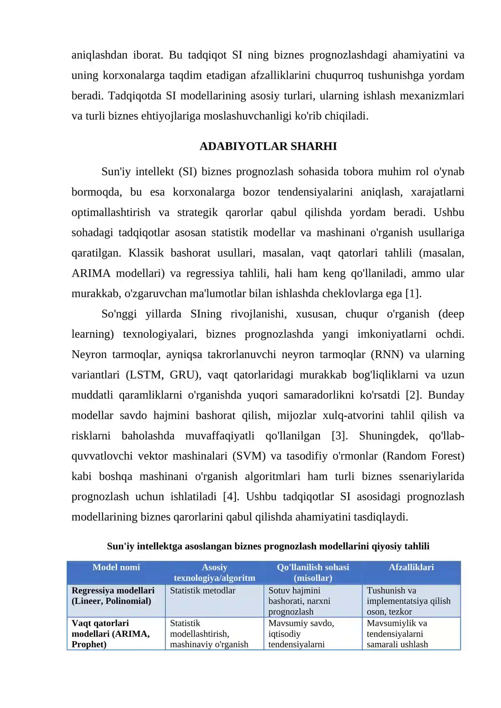SUNʼIY INTELLEKT ASOSIDA BIZNES PROGNOZLASH MODELLARI 2
