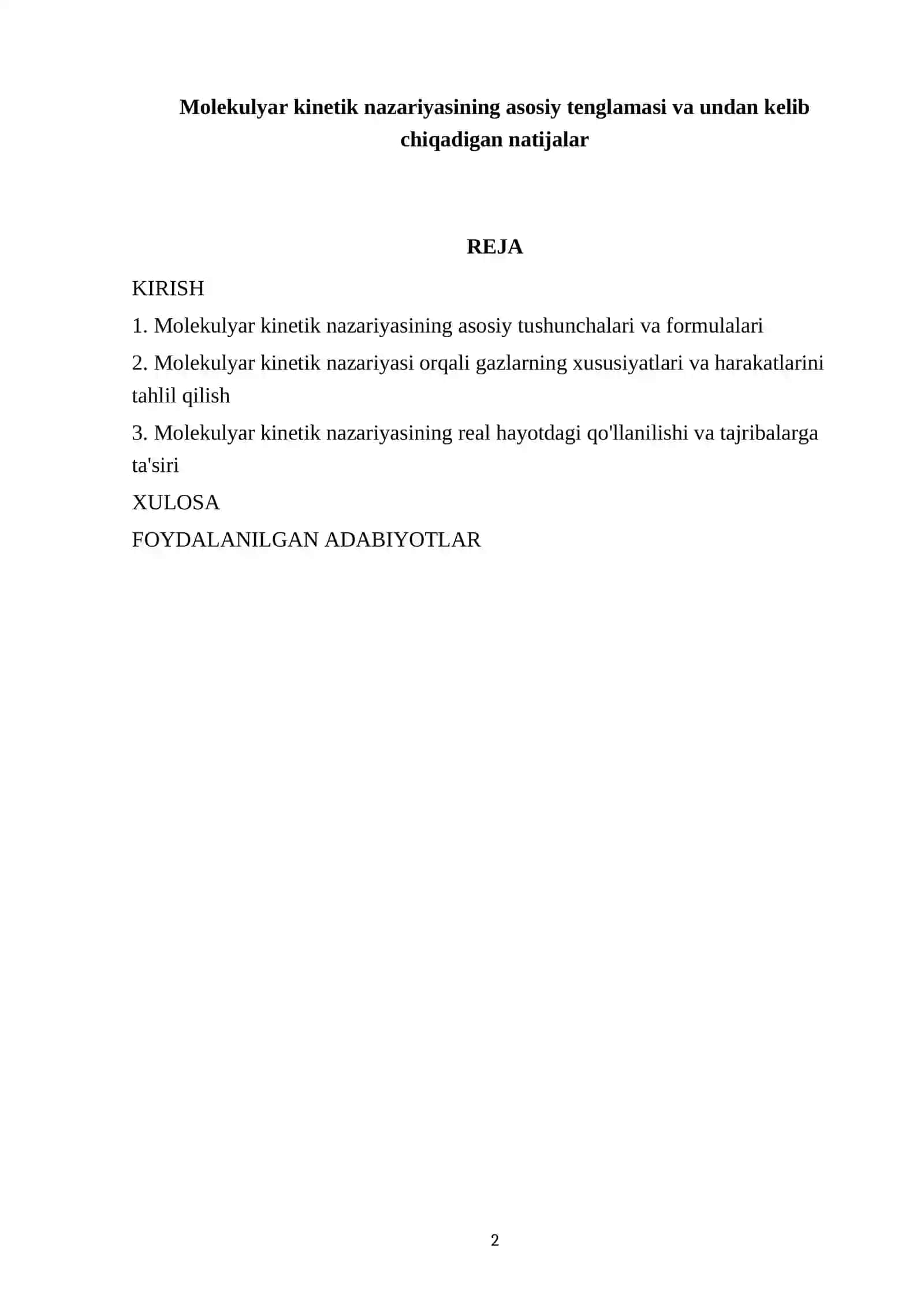 Molekulyar kinetik nazariyasining asosiy tenglamasi va undan kelib chiqadigan natijalar 2