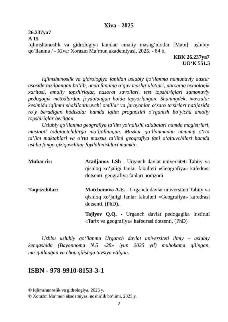 “IQLIMSHUNOSLIK VA GIDROLOGIYA” FANIDAN AMALIY MASHG‘ULOTLAR 2