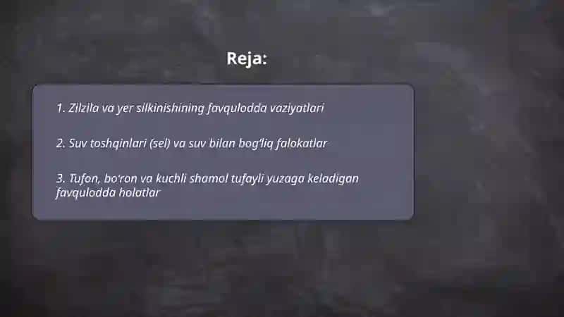Tabiiy, texnogen, ekologik va ijtimoiy tusdagi favqulotda vaziyatlar 2