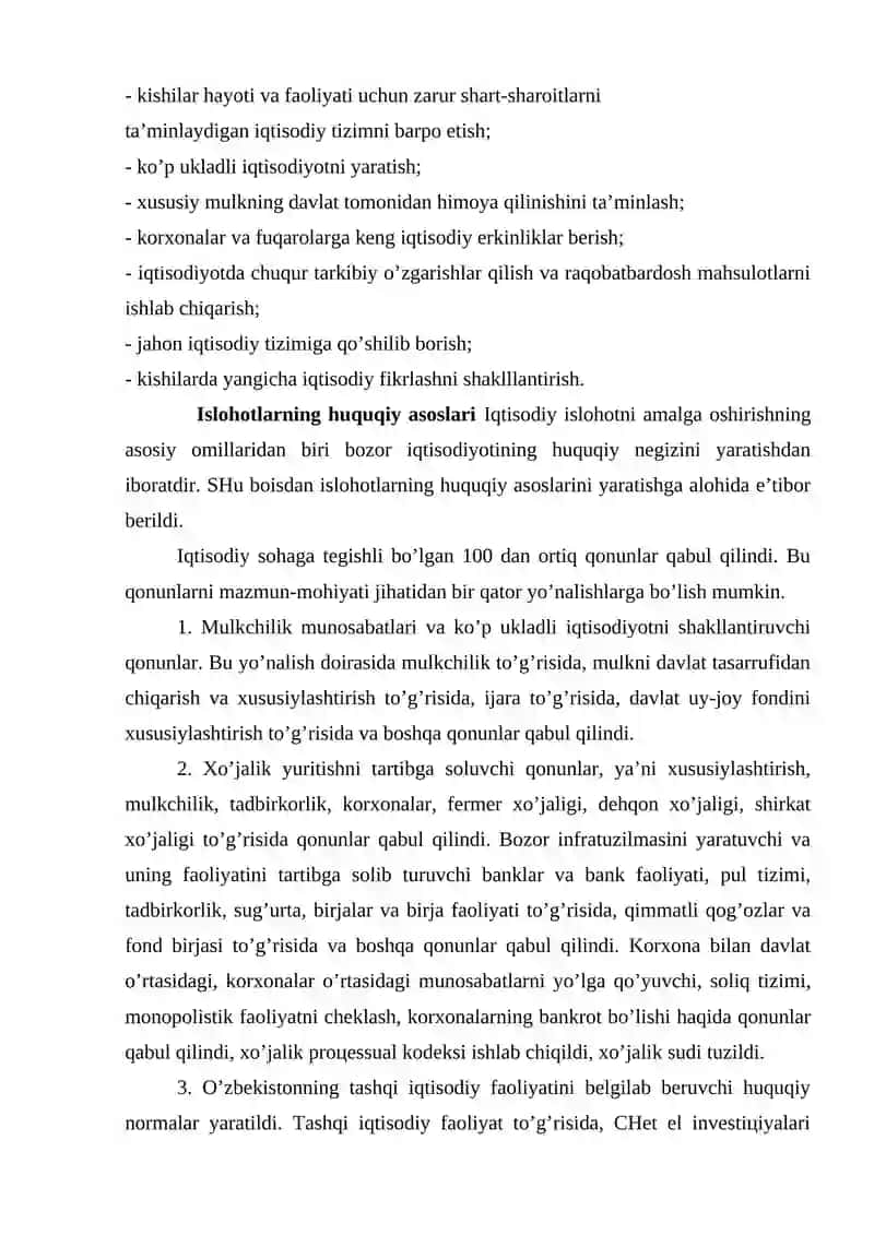 IQTISODIY ISLOHOTLАR, ХUSUSIY MULKCHILIKNING SHАKLLАNISHI. O’ZBEKISTONDА BOZOR MUNOSАBАTLАRINING RIVOJLАNISHI 2