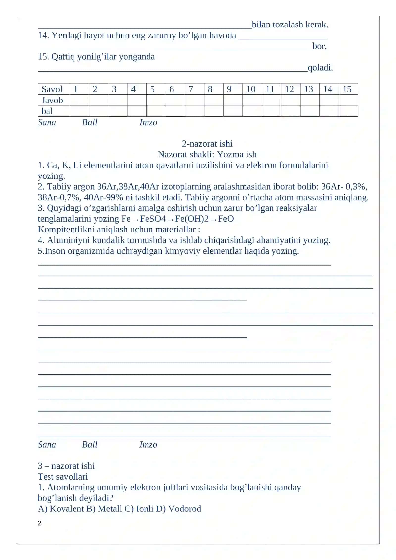 8-sinf kimyo nazorat ishi daftar 2