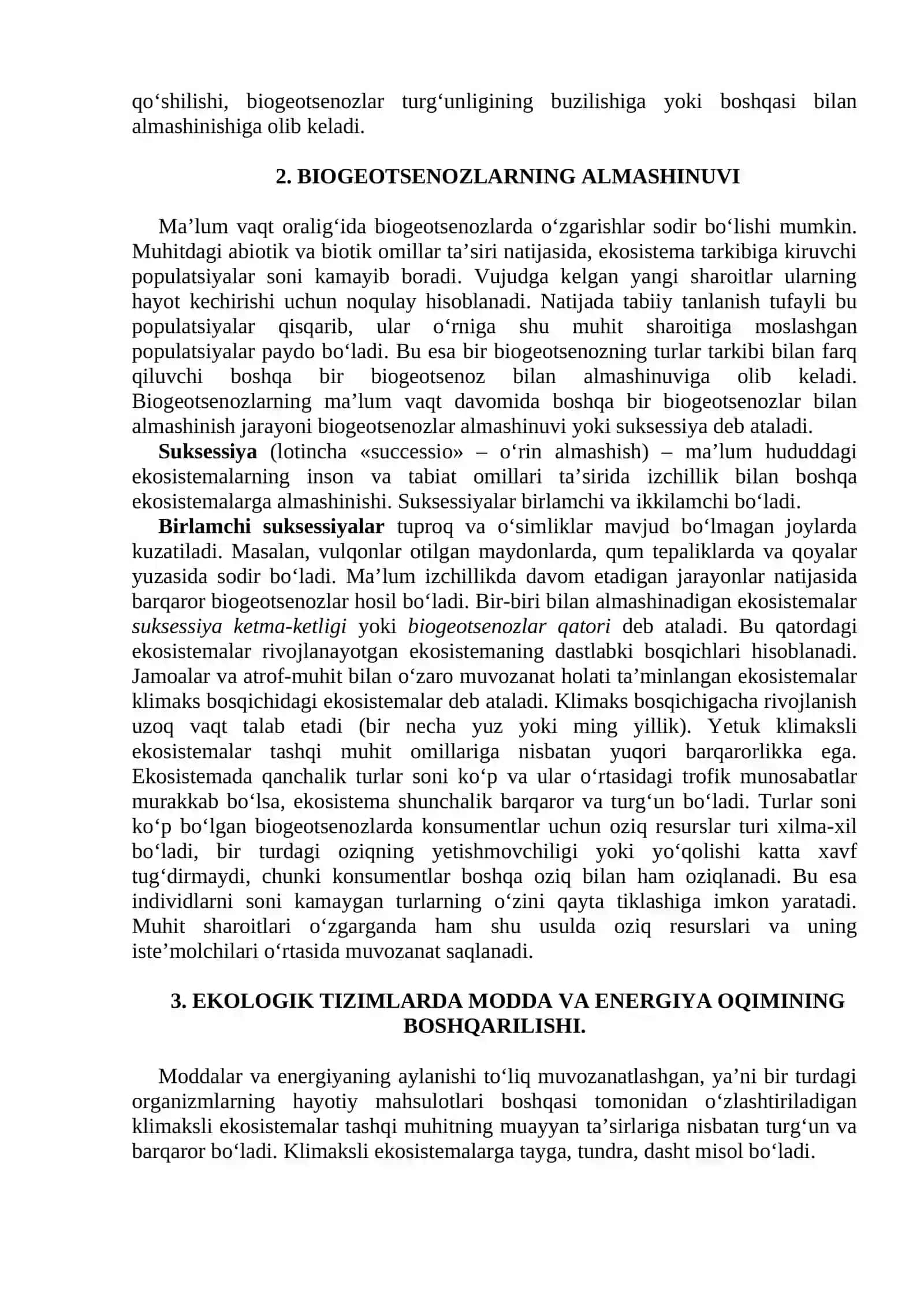 BIOGEOSENOZLARNING BARQARORLIGI. EKOTIZMLARDA MODDALAR VA ENERGIYA OQIMI 2