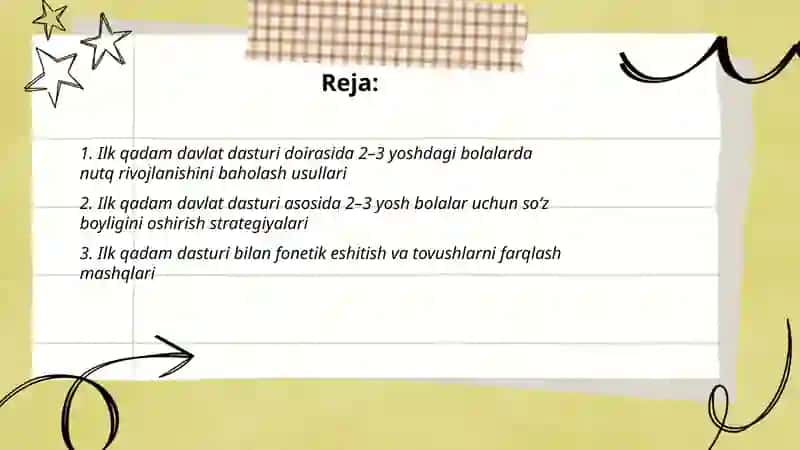 Ilk qadam davlat dasturi asosida 2 yoshdan 3 yoshgacha bolalarning nutqini oʻstirish 2