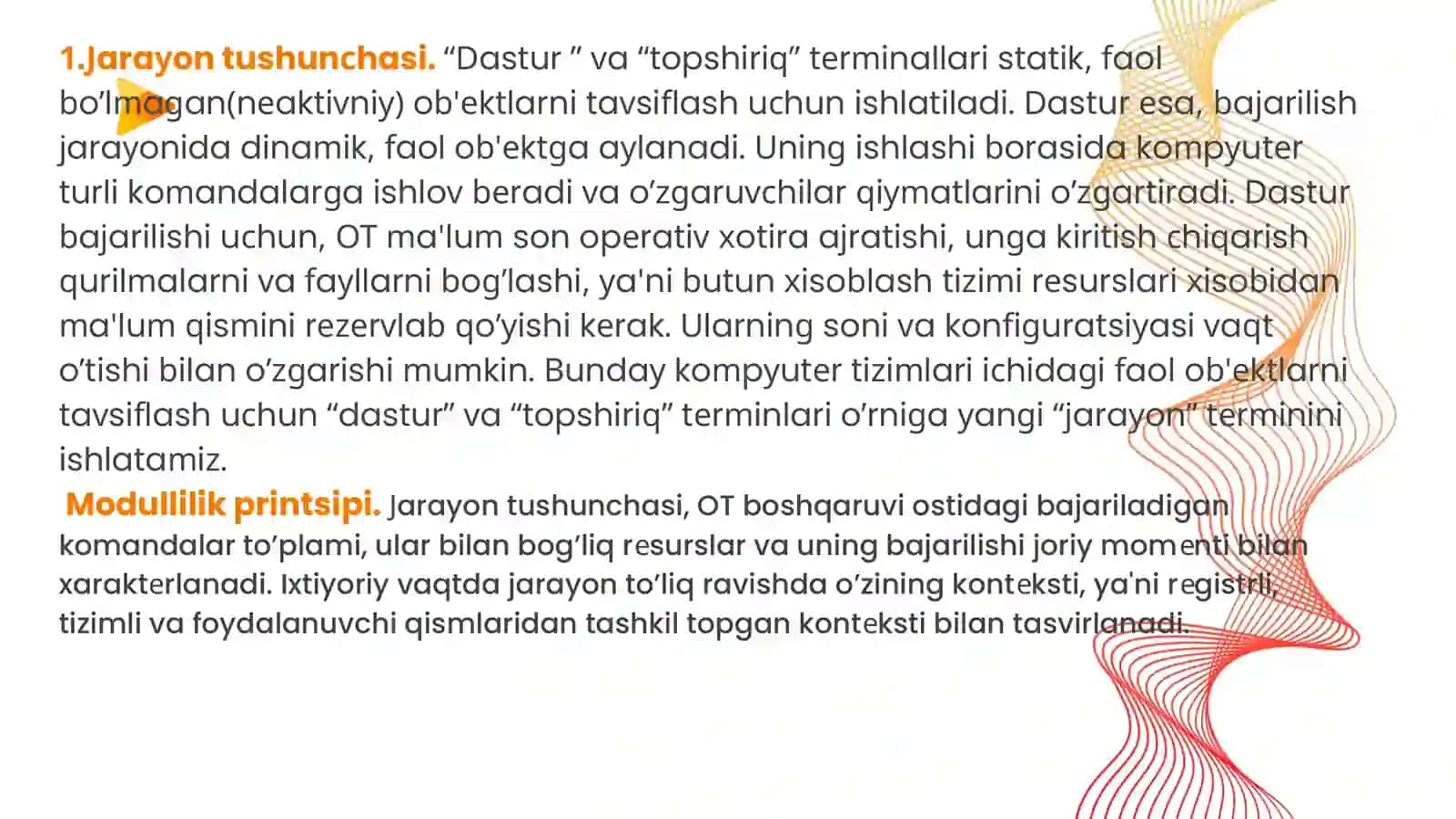 7-ma’ruza:Operatsion tizimlarda jarayon tushunchasi. Jarayonlar holati. Xolatlar diagrammalari 2