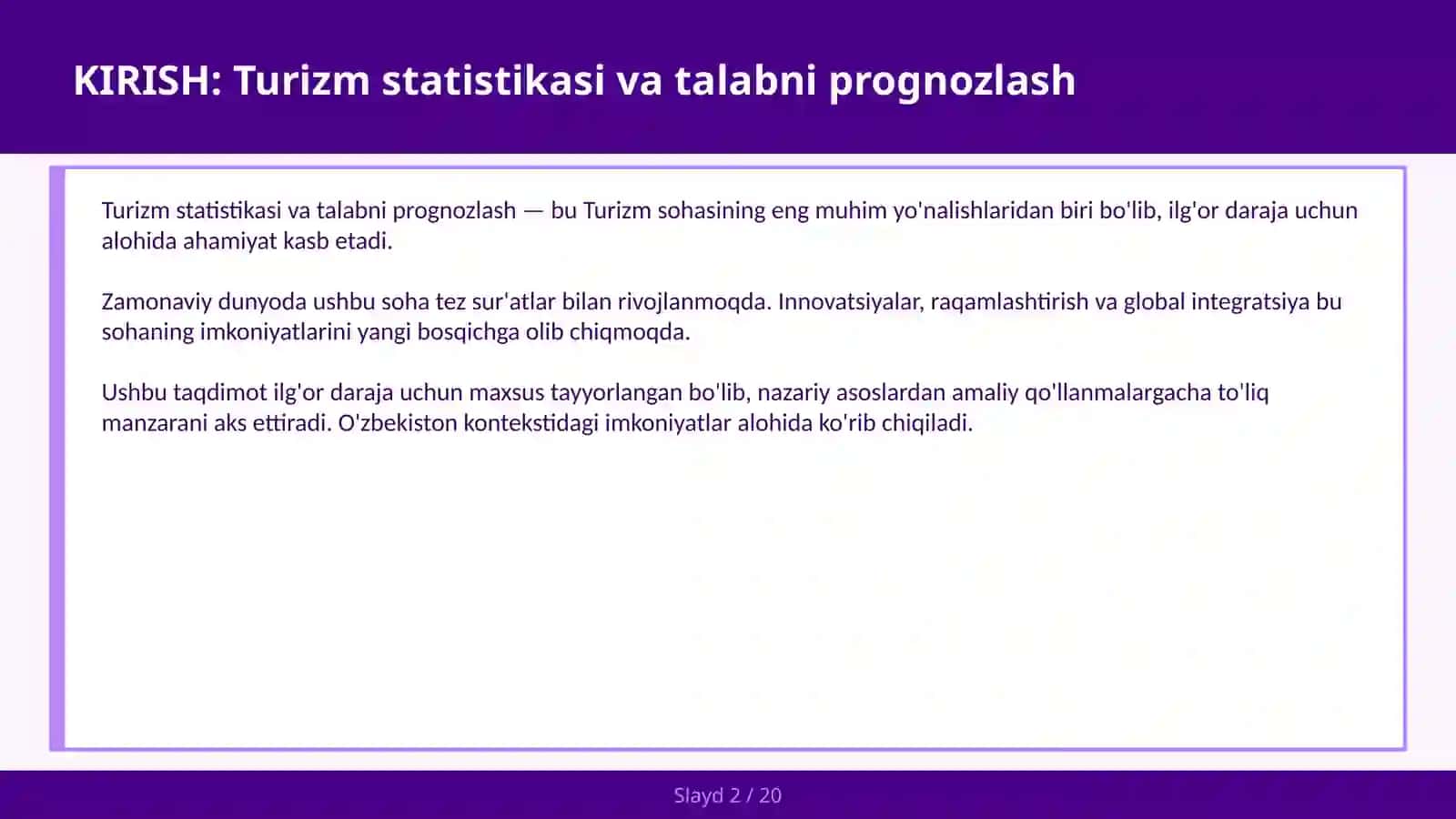 Turizm statistikasi va talabni prognozlash 2