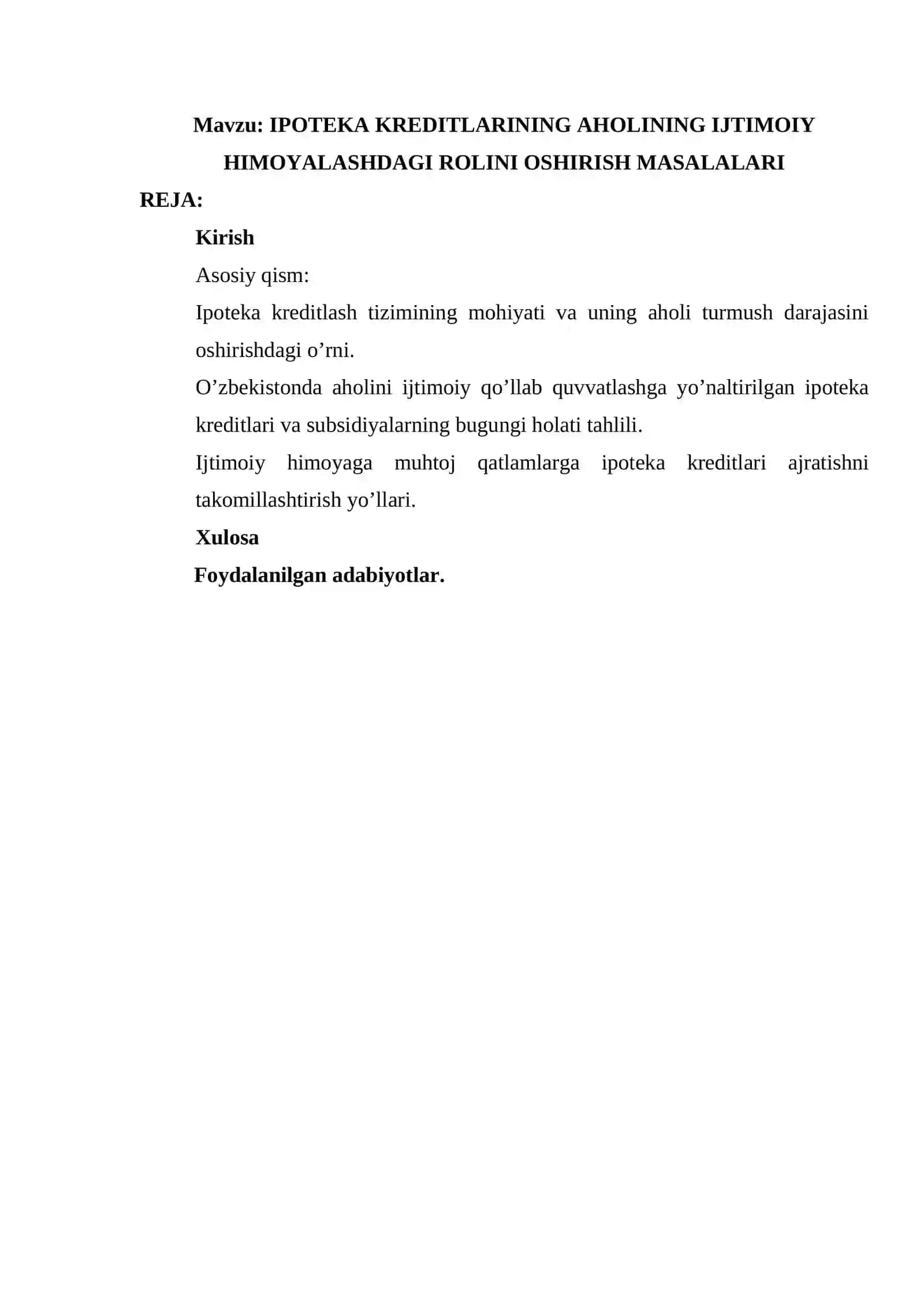 IPOTEKA KREDITLARINING AHOLINING IJTIMOIY HIMOYALASHDAGI ROLINI OSHIRISH MASALALARI 2