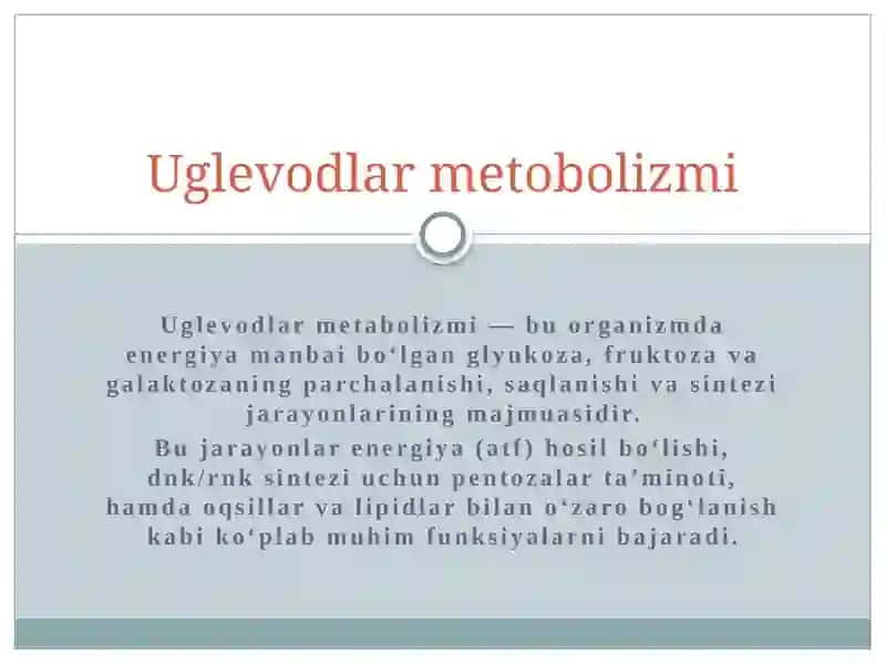 Fruktoza va galaktoza metabolizmi, uglevod metabolizmining gormonal nazorati, pentoz fosfat yo’lining aksiomi, glyukoproteinlar va proteoglikanlar. 2