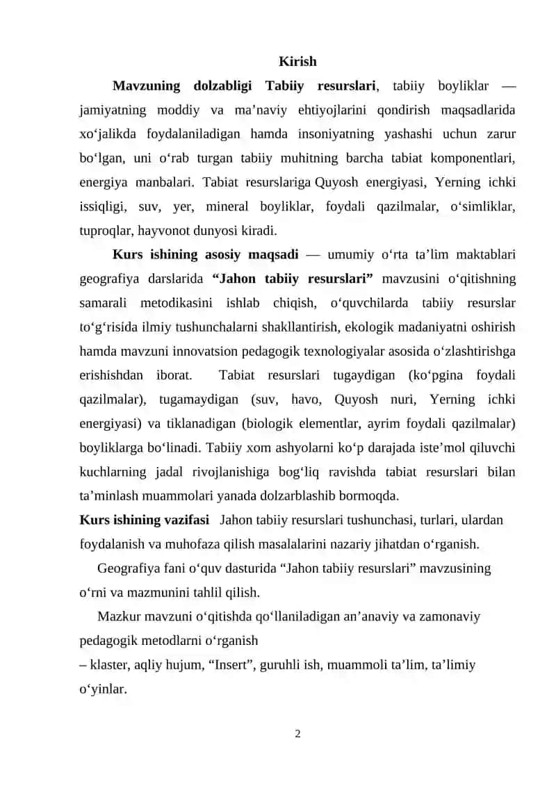 JAHON TABIIY RESURSLARI MAVZUSINI O’QITISH METODIKASI 2