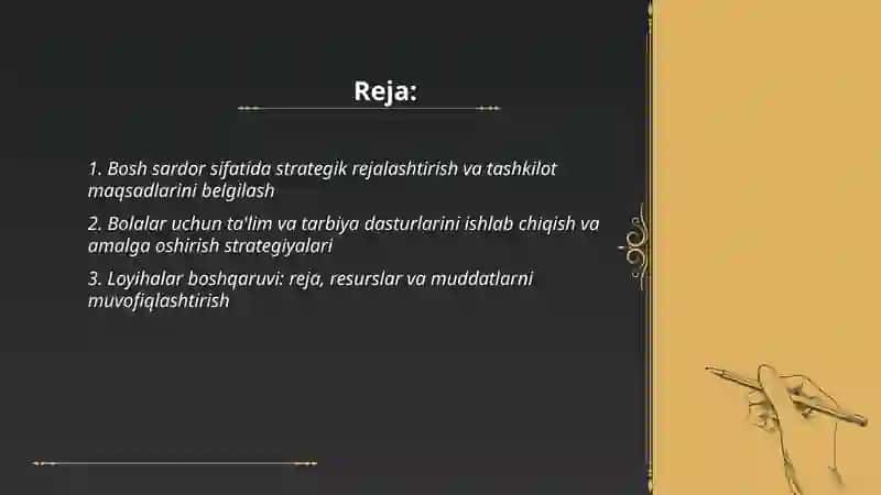 Bolalar tashkilotiga bosh sardorlik uchun strategiyalar va loyihalar 2
