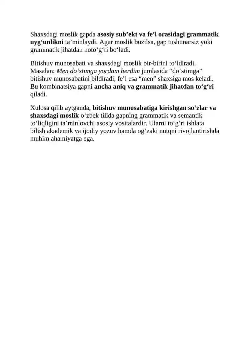 Bitishuv munosabatiga kirishgan so‘zlar va shaxsdagi moslik mavzusida esse yozish 2