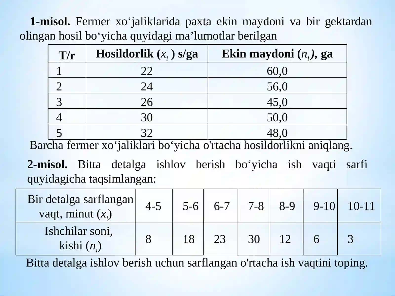Statistik ma’lumotlarni taqdim etish usullari va o‘rtacha miqdorlar 2