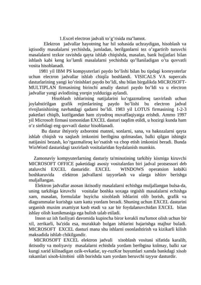 EXCEL elektron jadvali haqida ma’lumot 2