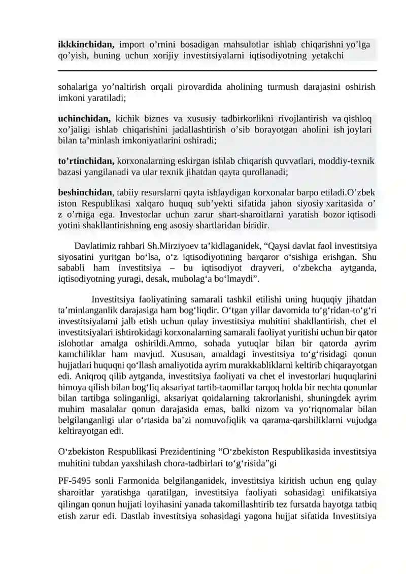 Mamlakatimizda biznesni investisiyalashning ustuvor yo‘nalishlari. 2