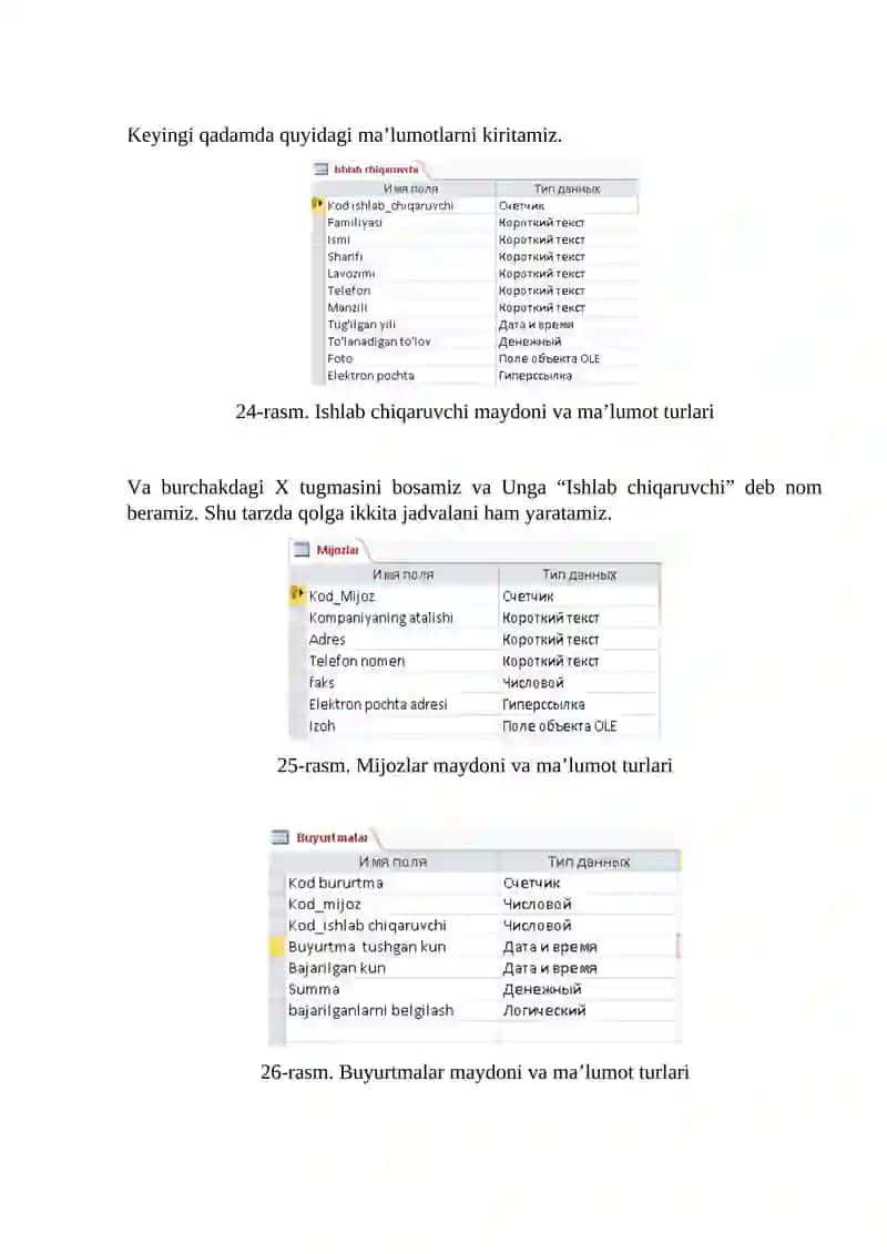 MS ACCESS DASTURIDA OBYEKTLARI BILAN ISHLASH VA JADVALLAR HOSIL QILISH 2